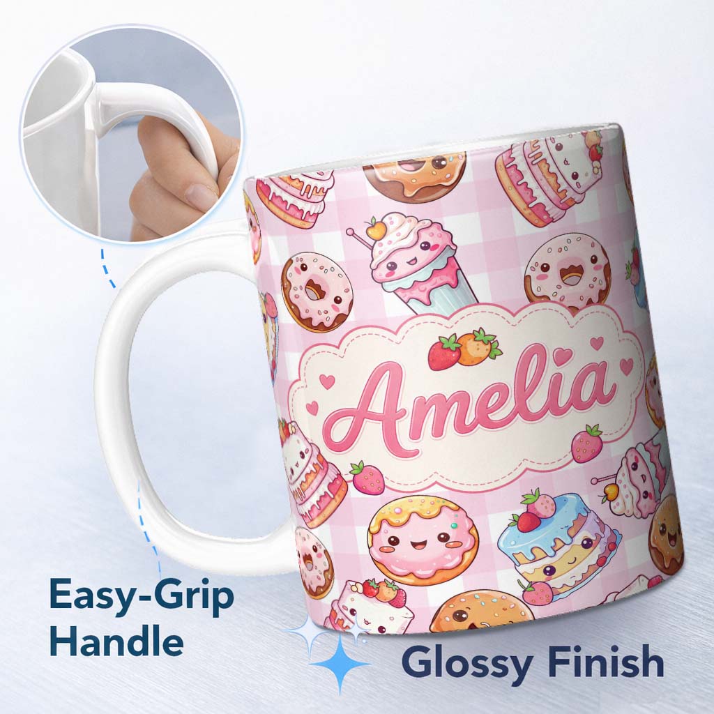 Personalized Custom Name Kawaii Donut Cake Cupcake Sweet Dessert Seamless Pattern Pink 11oz Ceramic Coffee Tea Mug White Large Handle