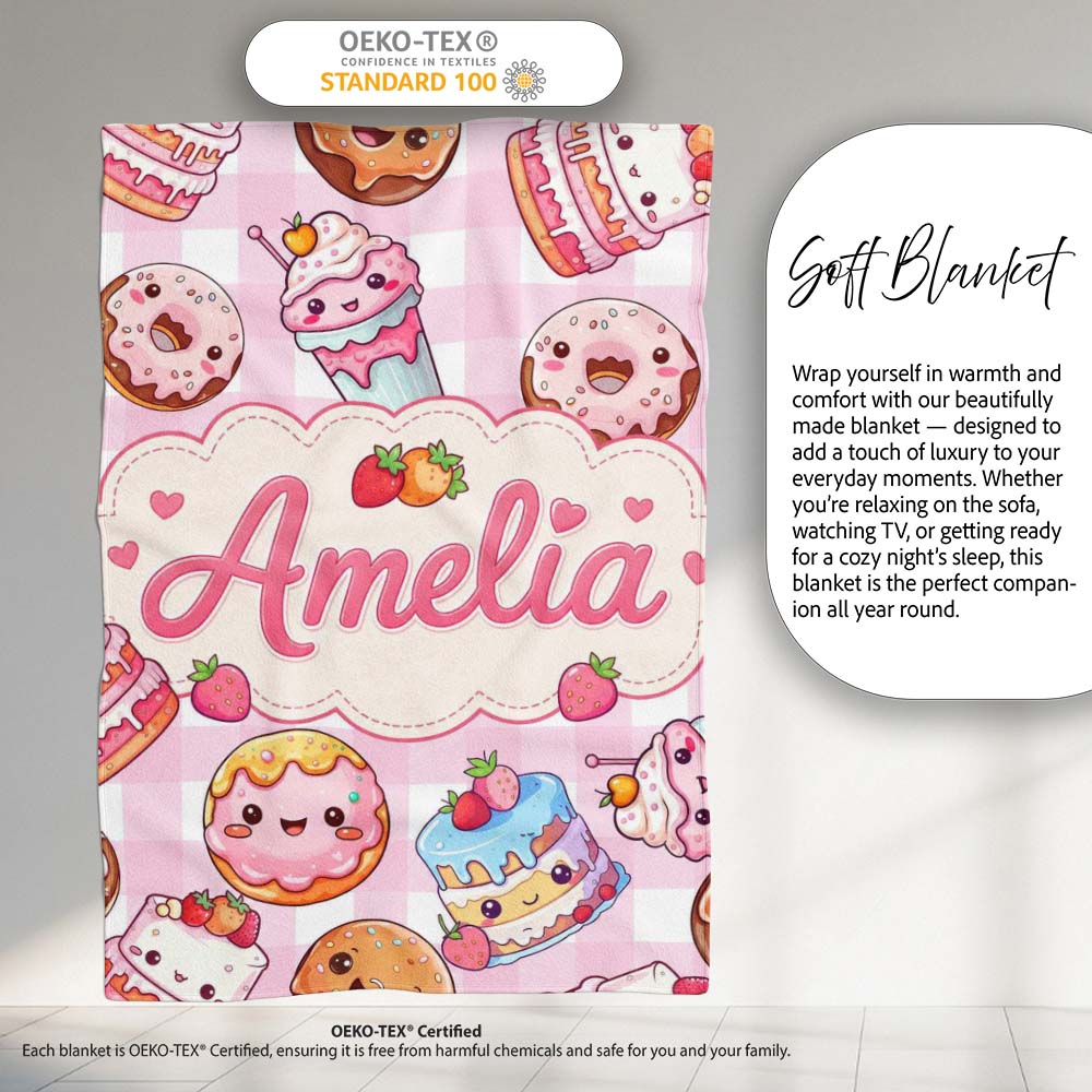 Kawaii Donut Cake Cupcake Sweet Dessert Seamless Pattern Pink  Personalised Custom Name Super Soft Fleece Blanket Bed Sofa Throw