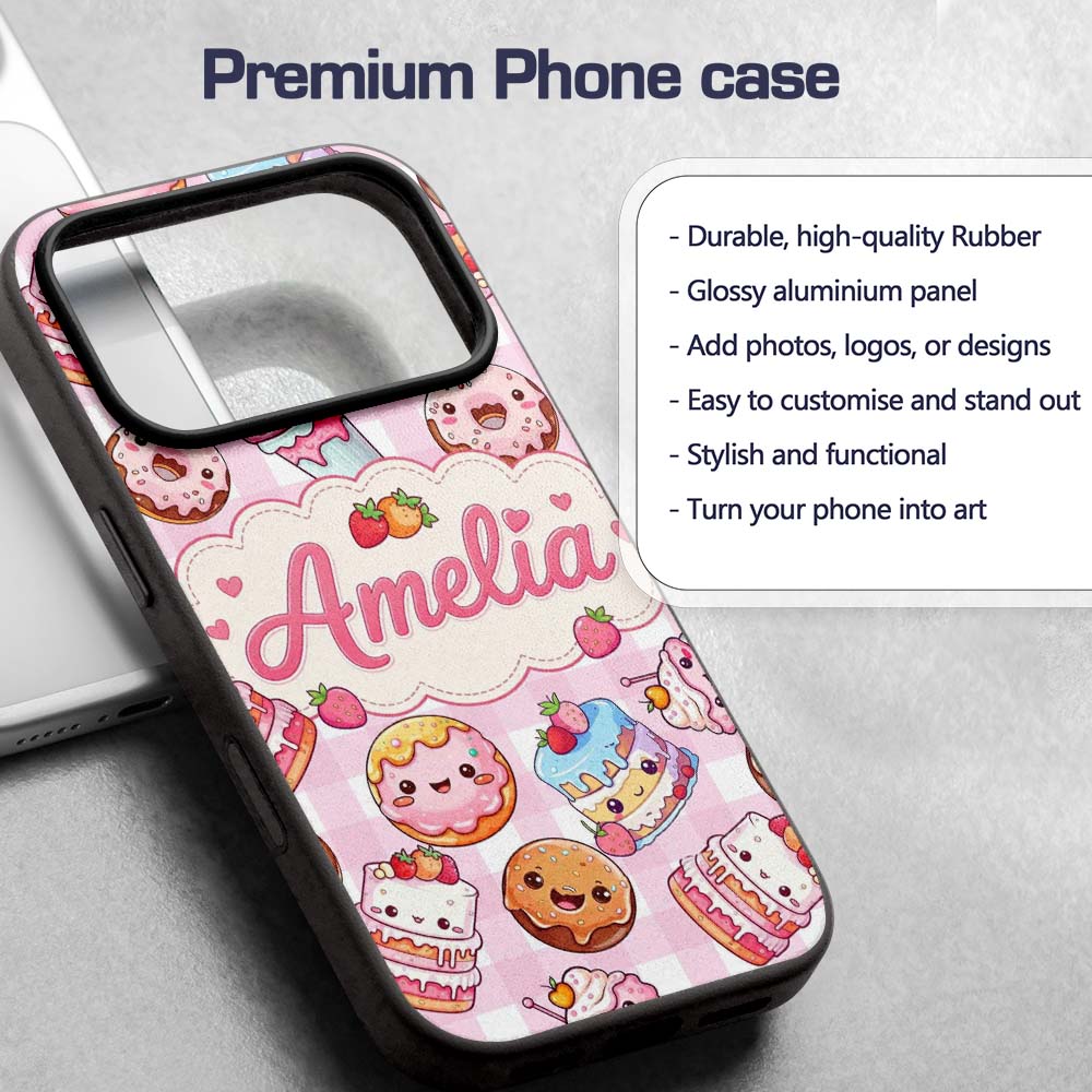 Kawaii Donut Cake Cupcake Sweet Dessert Seamless Custom Name Protective Phone Case Mobile Cover Durable Everyday Smartphone Shock Resistant