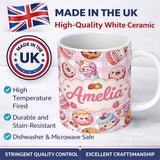 Personalized Custom Name Kawaii Donut Cake Cupcake Sweet Dessert Seamless Pattern Pink 11oz Ceramic Coffee Tea Mug White Large Handle