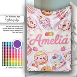 Kawaii Donut Cake Cupcake Sweet Dessert Seamless Pattern Pink  Personalised Custom Name Super Soft Fleece Blanket Bed Sofa Throw