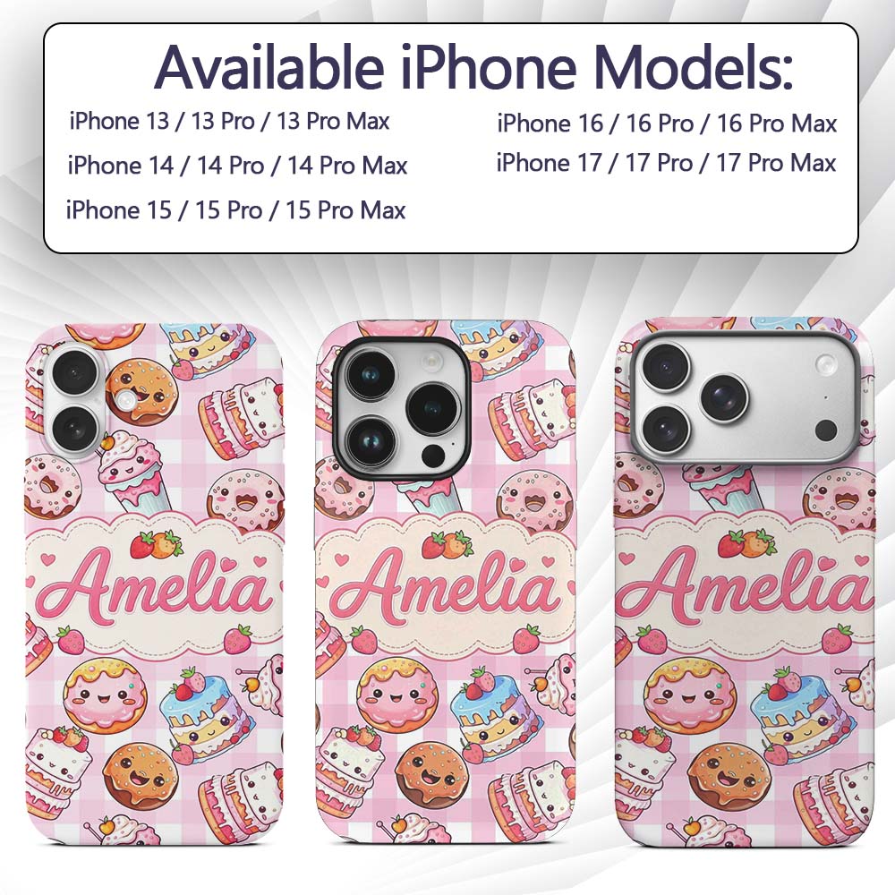Kawaii Donut Cake Cupcake Sweet Dessert Seamless Custom Name Protective Phone Case Mobile Cover Durable Everyday Smartphone Shock Resistant