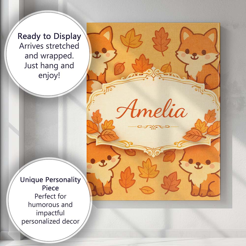 Personalised Name Cute Autumn Fox Cartoon Animal Pattern Stylish Custom  Interior Canvas Wall Art Print Decor Picture Ready to Hang