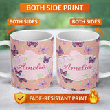 Personalized Custom Name Pink Purple Butterfly Floral Yellow Background Seamless Pattern 11oz Ceramic Coffee Tea Mug White Large Handle