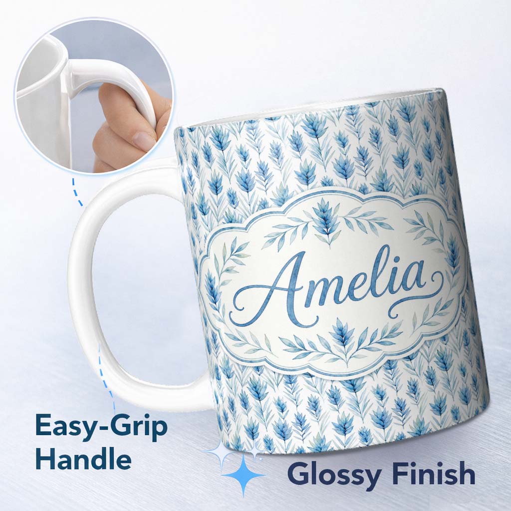 Personalized Custom Name Blue Botanical Leaves Watercolor Floral Seamless Pattern Lovely 11oz Ceramic Coffee Tea Mug White Large Handle