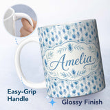 Personalized Custom Name Blue Botanical Leaves Watercolor Floral Seamless Pattern Lovely 11oz Ceramic Coffee Tea Mug White Large Handle