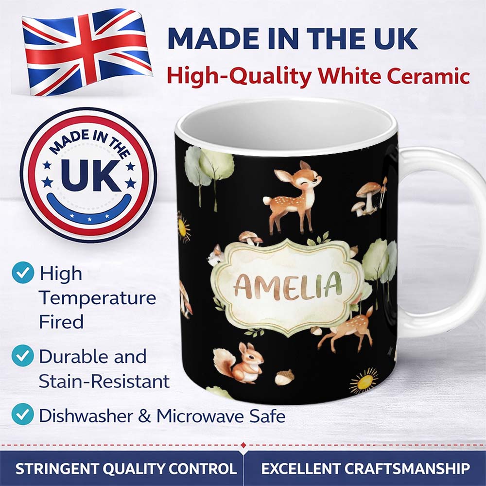 Personalized Custom Name Woodland Deer Fox Trees Mushrooms Sun Animals White Seamless 11oz Ceramic Coffee Tea Mug White Large Handle