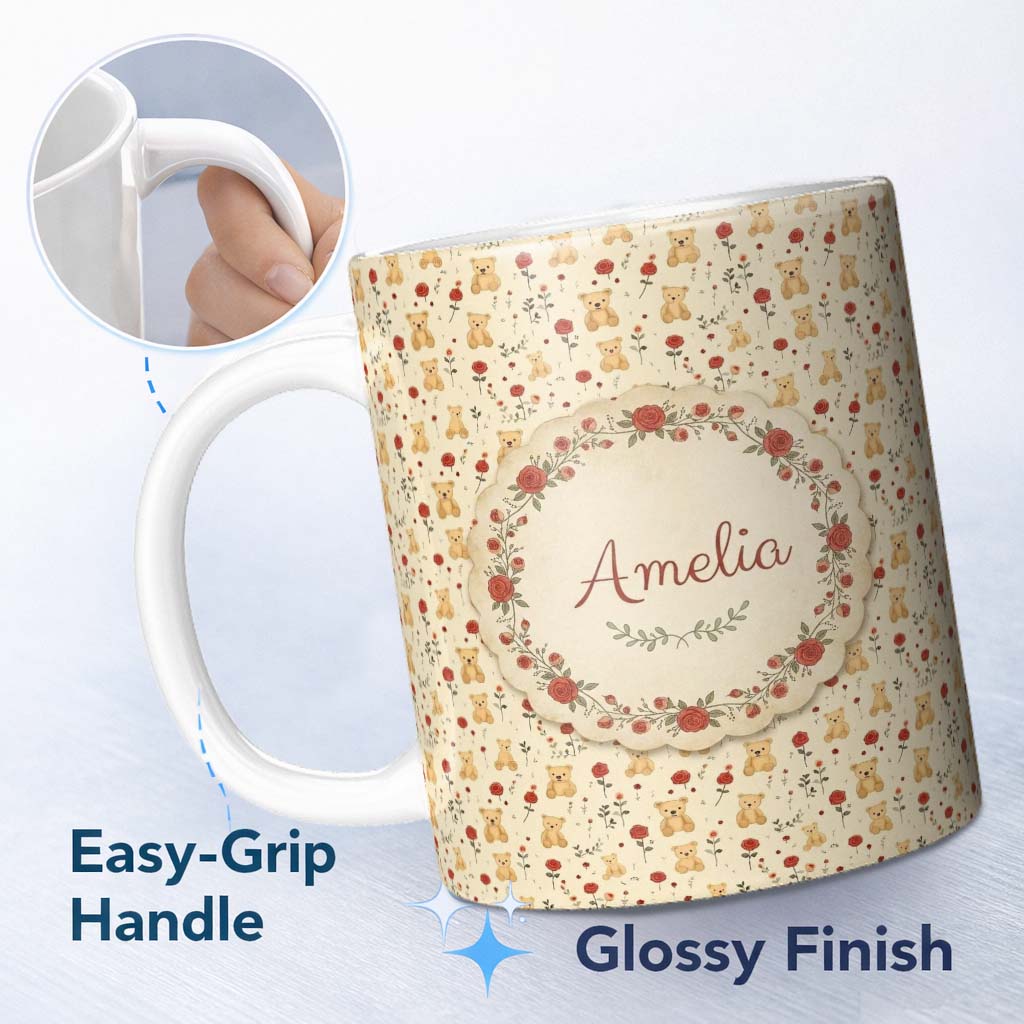 Personalized Custom Name Cute Teddy Bear and Red Rose Floral Seamless Pattern Lovely 11oz Ceramic Coffee Tea Mug White Large Handle