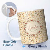 Personalized Custom Name Cute Teddy Bear and Red Rose Floral Seamless Pattern Lovely 11oz Ceramic Coffee Tea Mug White Large Handle