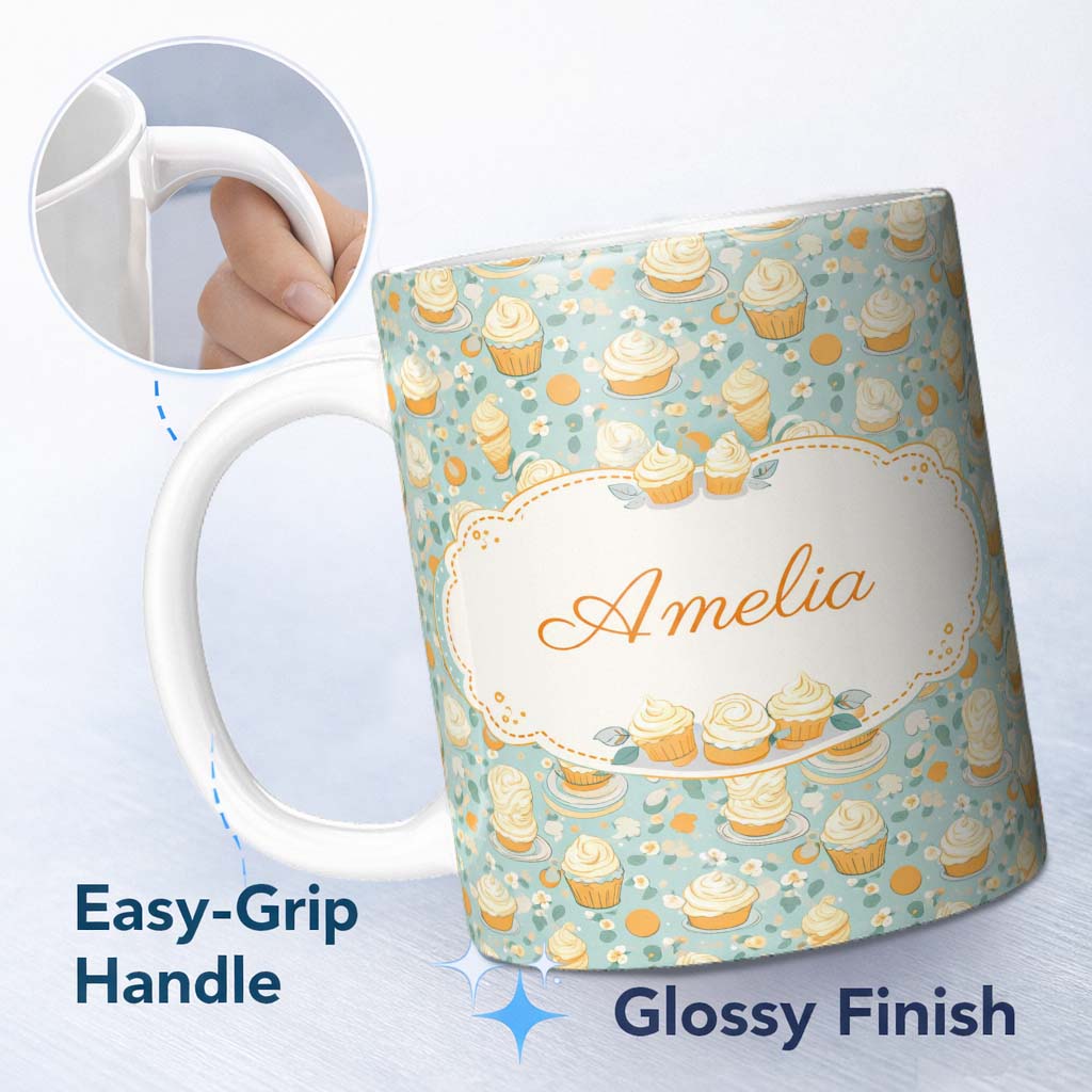 Personalized Custom Name Realistic Butter Croissant Bakery Style Repeating Seamless Pattern 11oz Ceramic Coffee Tea Mug White Large Handle