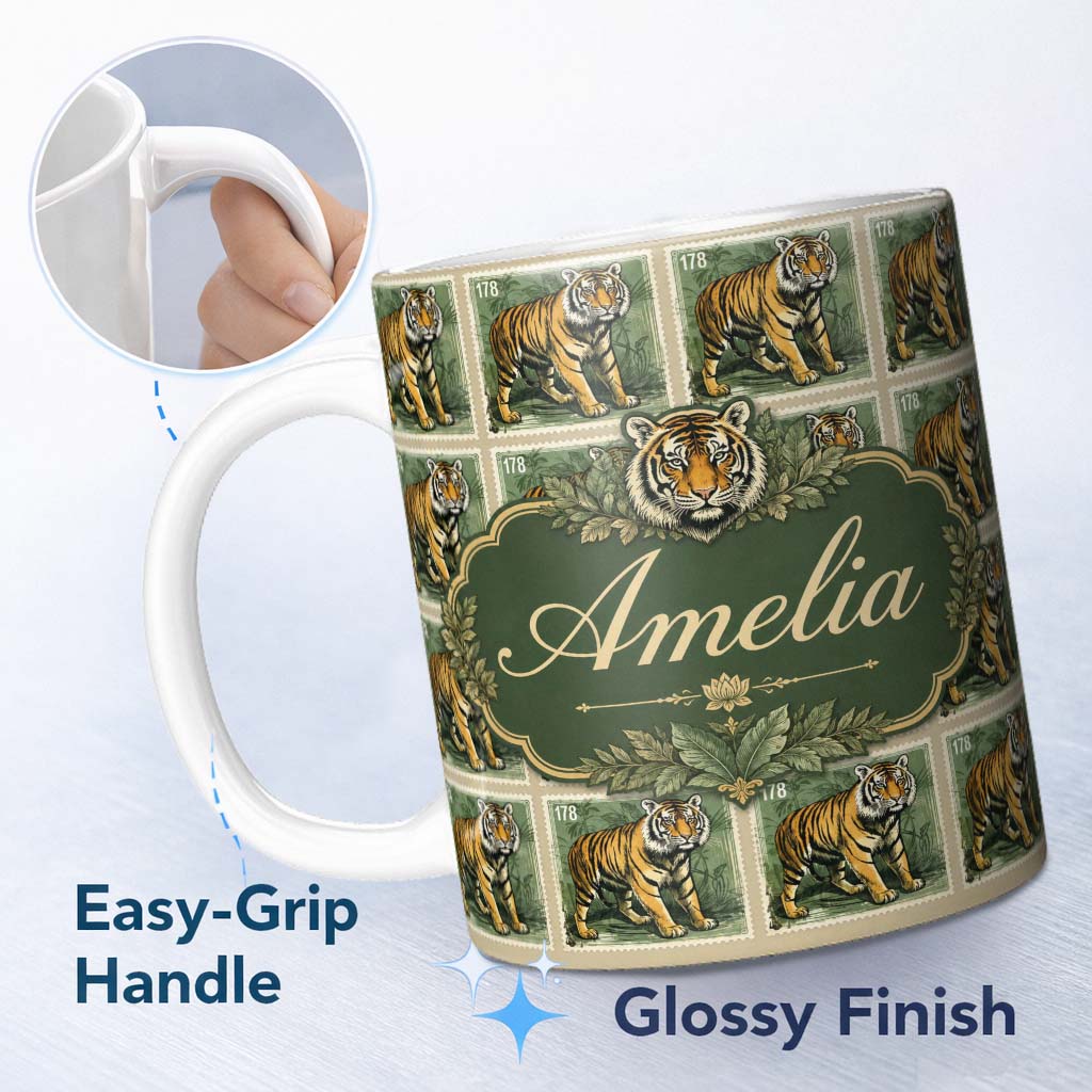 Personalized Custom Name Classic Tiger Full Body Stamp Design Seamless Pattern Lovely 11oz Ceramic Coffee Tea Mug White Large Handle