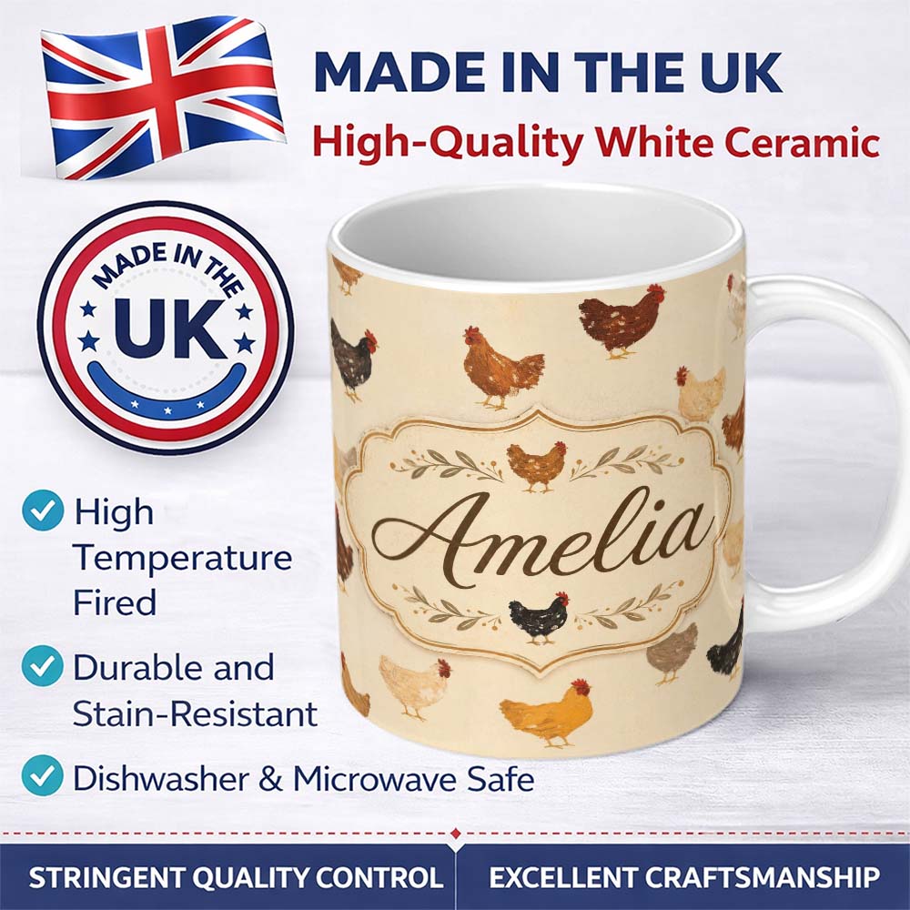 Personalized Custom Name Vintage Farm Chicken Hen Illustration Soft Neutral Background Lovely 11oz Ceramic Coffee Tea Mug White Large Handle