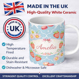 Personalized Custom Name Strawberry Cherry Daisy Seamless Pattern Blue Cute Coquette Floral 11oz Ceramic Coffee Tea Mug White Large Handle