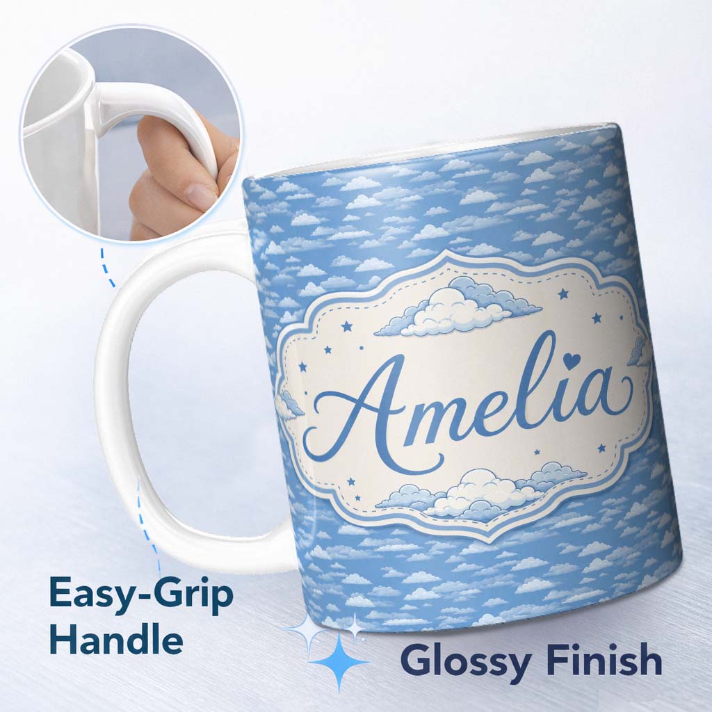 Personalized Custom Name Light Blue Sky Cloud Pattern Soft Gradient Seamless Design Lovely 11oz Ceramic Coffee Tea Mug White Large Handle