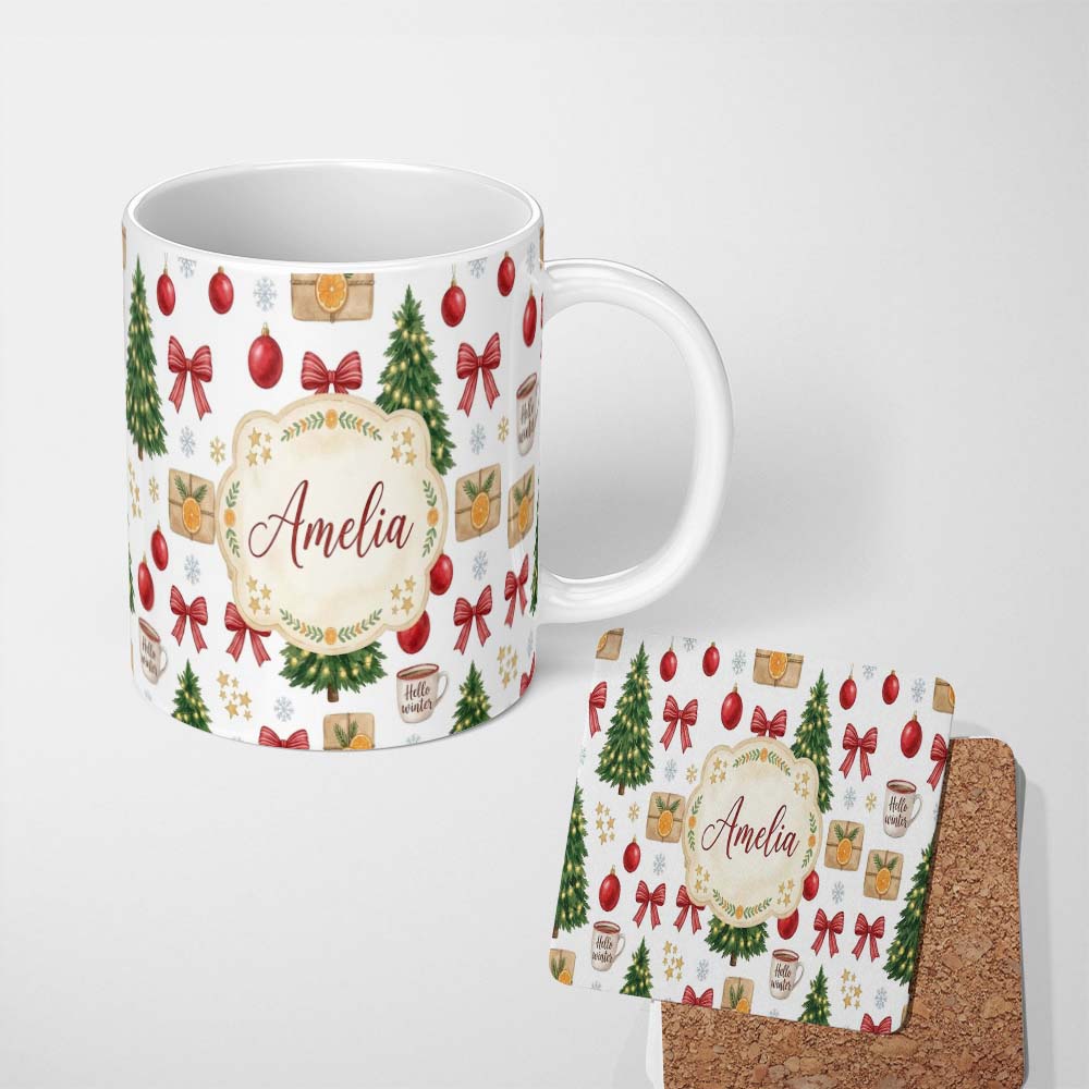 Personalized Custom Name Festive Winter Tree Baubles Ribbon Cocoa Mug Seamless Pattern Lovely 11oz Ceramic Coffee Tea Mug White Large Handle