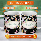 Personalized Custom Name Pastel Watercolor Butterflies White Background Seamless Pattern 11oz Ceramic Coffee Tea Mug White Large Handle