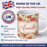 Personalized Custom Name Vintage Cream Poinsettia Floral Botanical Christmas Seamless Pattern 11oz Ceramic Coffee Tea Mug White Large Handle