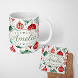 Personalized Custom Name Festive Christmas Baubles and Foliage Watercolor Seamless Pattern 11oz Ceramic Coffee Tea Mug White Large Handle