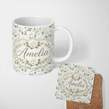 Personalized Custom Name Delicate White Roses and Leaves Minimal Botanical Seamless Pattern 11oz Ceramic Coffee Tea Mug White Large Handle