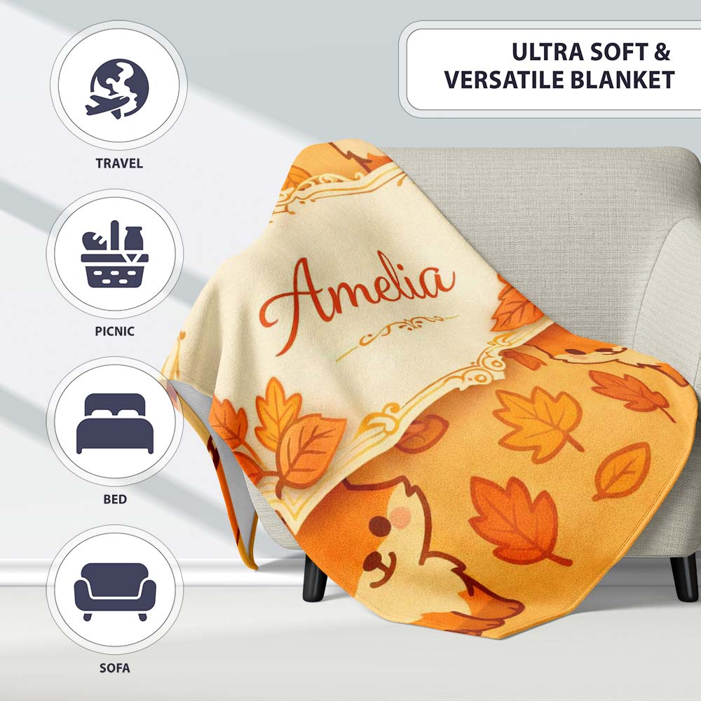Cute Autumn Fox Cartoon Animal Pattern Stylish Everyday  Lovely  Personalised Custom Name Super Soft Fleece Blanket Bed Sofa Throw