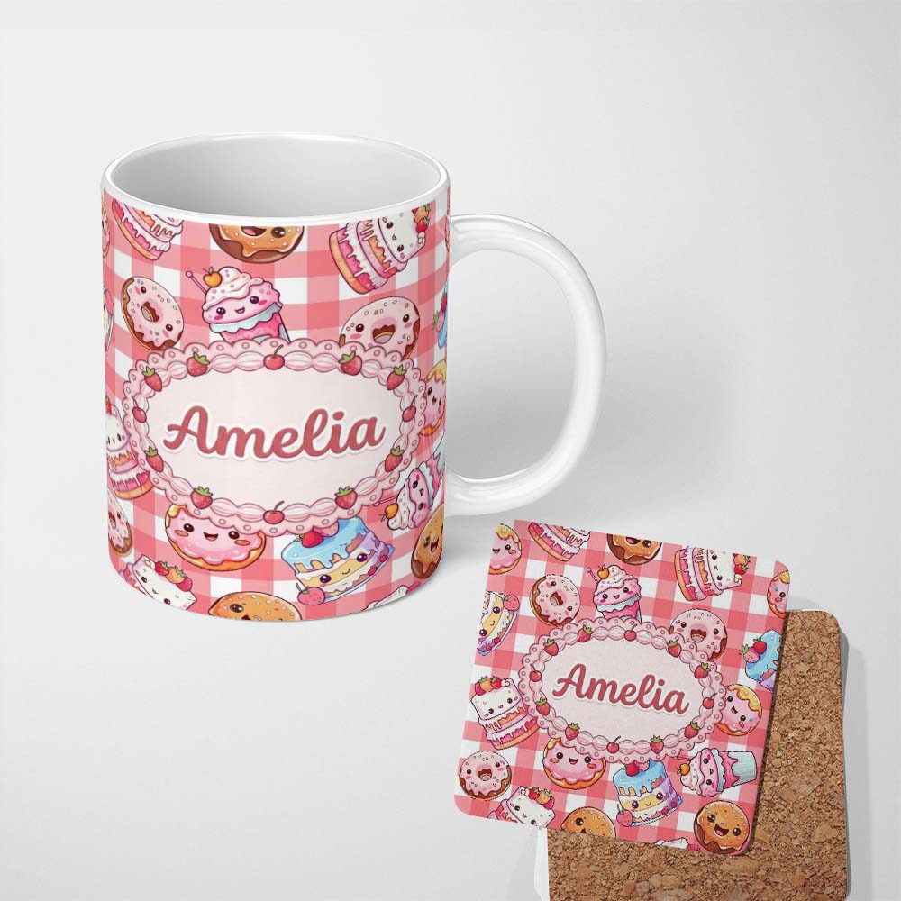 Personalized Custom Name Kawaii Donut Cake Cupcake Sweet Dessert Seamless Pattern Red 11oz Ceramic Coffee Tea Mug White Large Handle