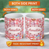 Personalized Custom Name Kawaii Donut Cake Cupcake Sweet Dessert Seamless Pattern Red 11oz Ceramic Coffee Tea Mug White Large Handle