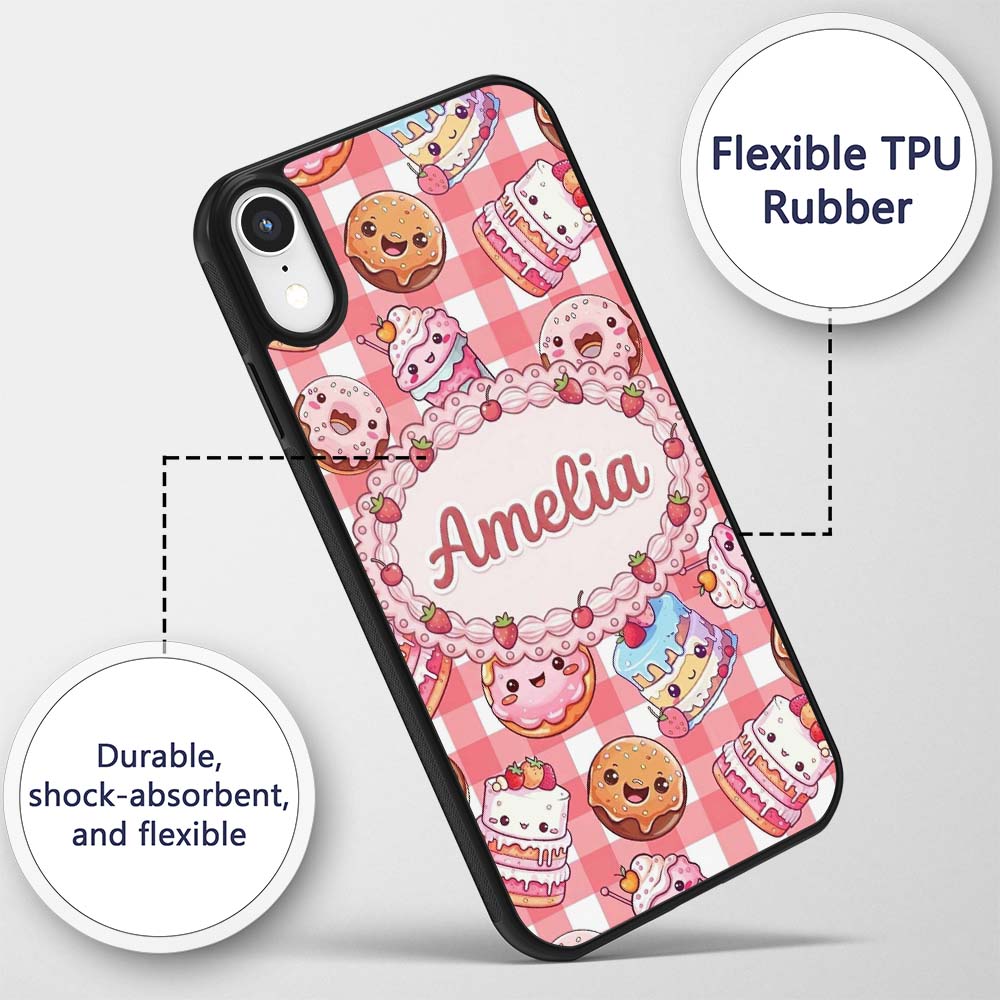 Kawaii Donut Cake Cupcake Sweet Dessert Seamless Custom Name Protective Phone Case Mobile Cover Durable Everyday Smartphone Shock Resistant