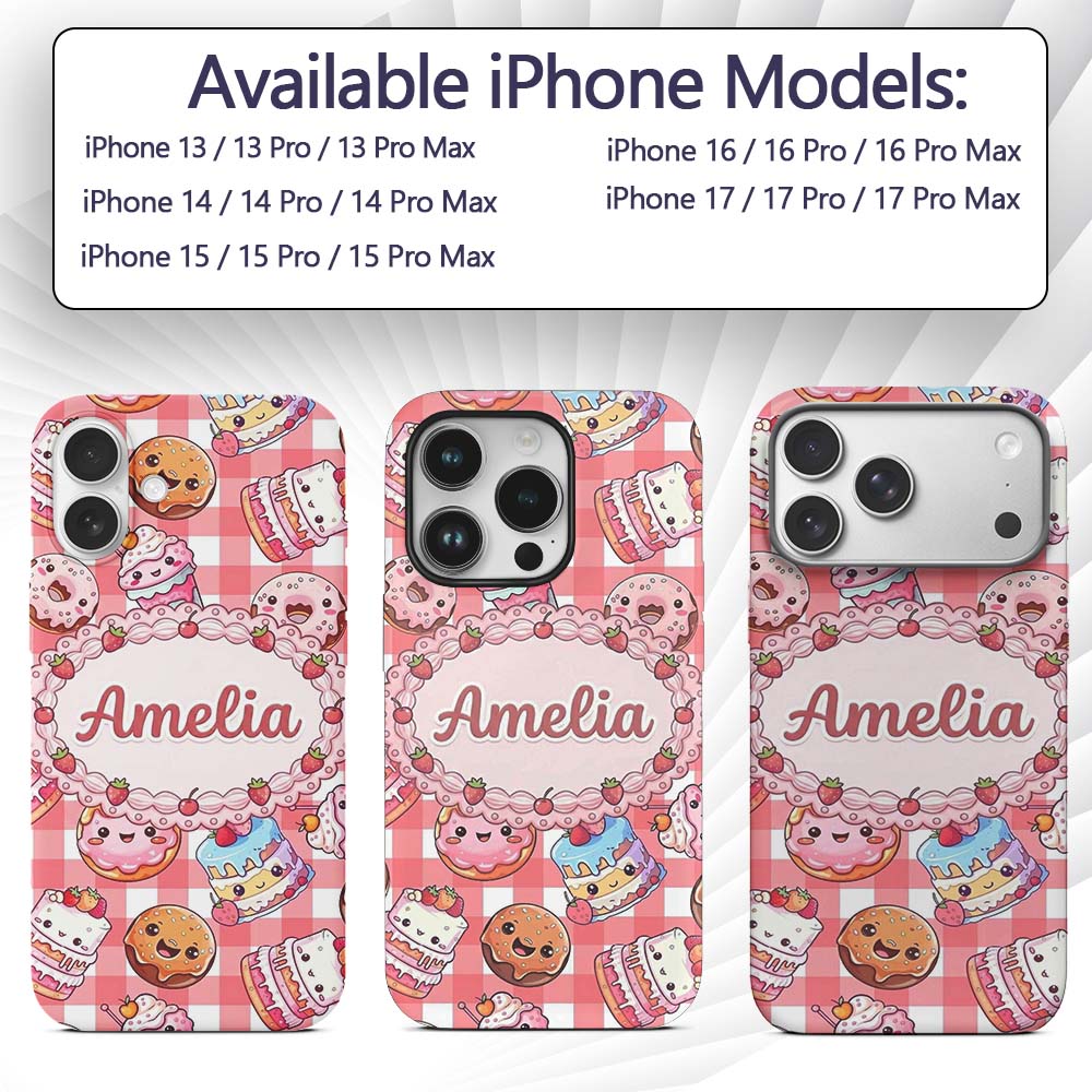 Kawaii Donut Cake Cupcake Sweet Dessert Seamless Custom Name Protective Phone Case Mobile Cover Durable Everyday Smartphone Shock Resistant
