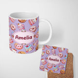 Personalized Custom Name Kawaii Donut Cake Cupcake Sweet Dessert Seamless Pattern Lavender 11oz Ceramic Coffee Tea Mug White Large Handle
