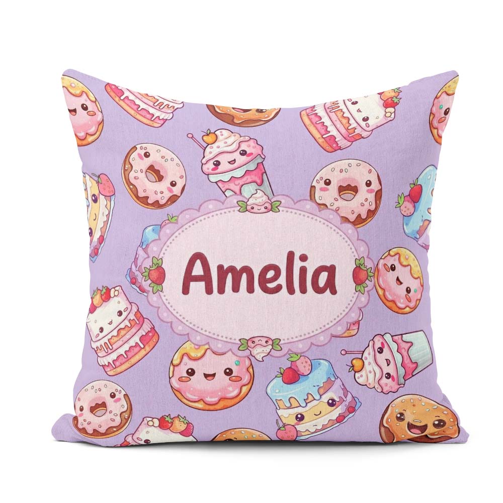 Custom Name Kawaii Donut Cupcake Sweet Dessert Seamless Lavender Square Filled Cushion Throw Pillow Sofa Bed Home Decor Zip Washable UK Made