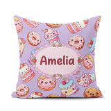 Custom Name Kawaii Donut Cupcake Sweet Dessert Seamless Lavender Square Filled Cushion Throw Pillow Sofa Bed Home Decor Zip Washable UK Made