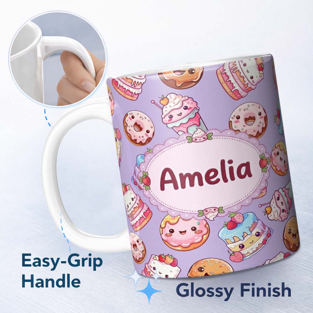 Personalized Custom Name Kawaii Donut Cake Cupcake Sweet Dessert Seamless Pattern Lavender 11oz Ceramic Coffee Tea Mug White Large Handle
