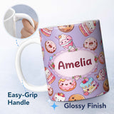 Personalized Custom Name Kawaii Donut Cake Cupcake Sweet Dessert Seamless Pattern Lavender 11oz Ceramic Coffee Tea Mug White Large Handle