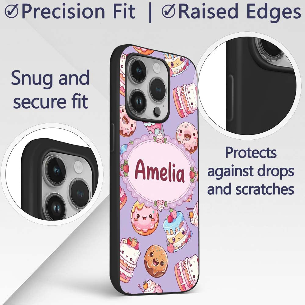 Kawaii Donut Cake Cupcake Sweet Dessert Seamless Custom Name Protective Phone Case Mobile Cover Durable Everyday Smartphone Shock Resistant