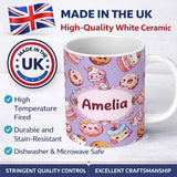 Personalized Custom Name Kawaii Donut Cake Cupcake Sweet Dessert Seamless Pattern Lavender 11oz Ceramic Coffee Tea Mug White Large Handle