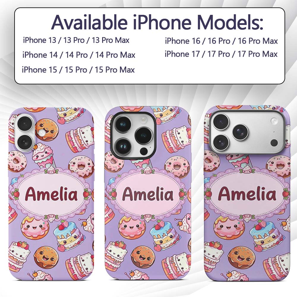 Kawaii Donut Cake Cupcake Sweet Dessert Seamless Custom Name Protective Phone Case Mobile Cover Durable Everyday Smartphone Shock Resistant