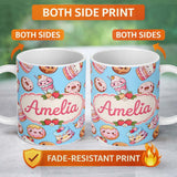 Personalized Custom Name Cute Kawaii Donut Cake Cupcake Sweet Dessert Seamless Pattern Blue 11oz Ceramic Coffee Tea Mug White Large Handle