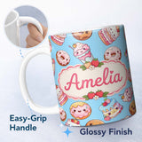 Personalized Custom Name Cute Kawaii Donut Cake Cupcake Sweet Dessert Seamless Pattern Blue 11oz Ceramic Coffee Tea Mug White Large Handle