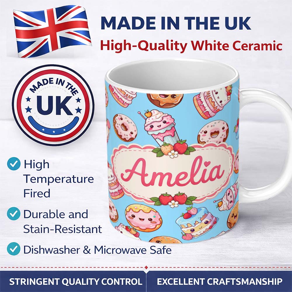 Personalized Custom Name Cute Kawaii Donut Cake Cupcake Sweet Dessert Seamless Pattern Blue 11oz Ceramic Coffee Tea Mug White Large Handle