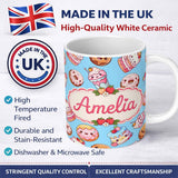 Personalized Custom Name Cute Kawaii Donut Cake Cupcake Sweet Dessert Seamless Pattern Blue 11oz Ceramic Coffee Tea Mug White Large Handle