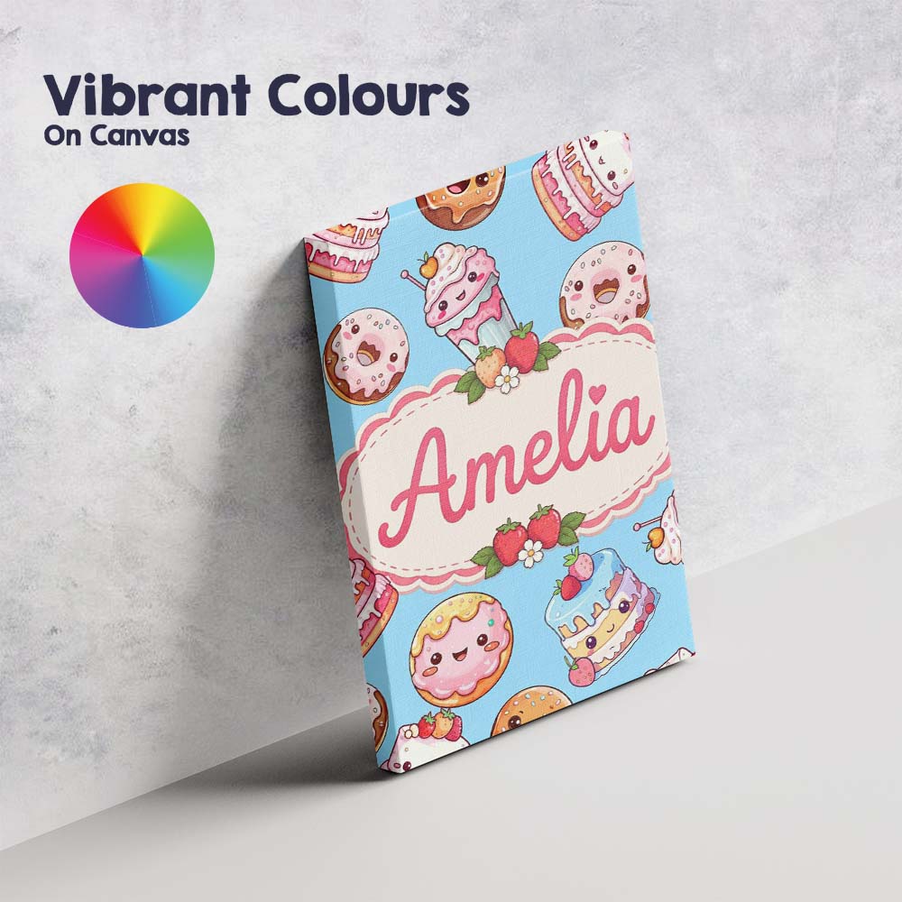Personalised Name Cute Kawaii Donut Cake Custom  Unique Gift Idea Elegant Feature Canvas Wall Art Print Decor Picture Ready to Hang