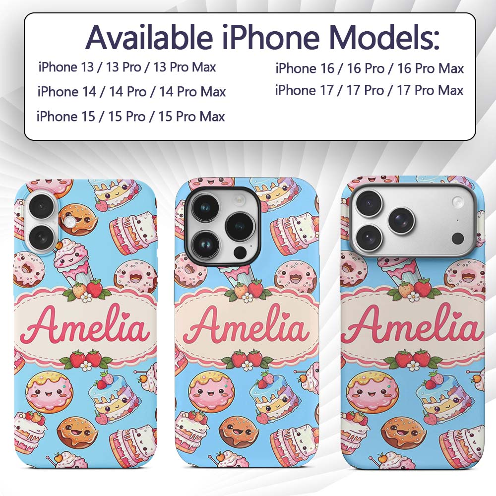 Cute Kawaii Donut Cake Cupcake Sweet Dessert Custom Name Protective Phone Case Mobile Cover Durable Everyday Smartphone Shock Resistant