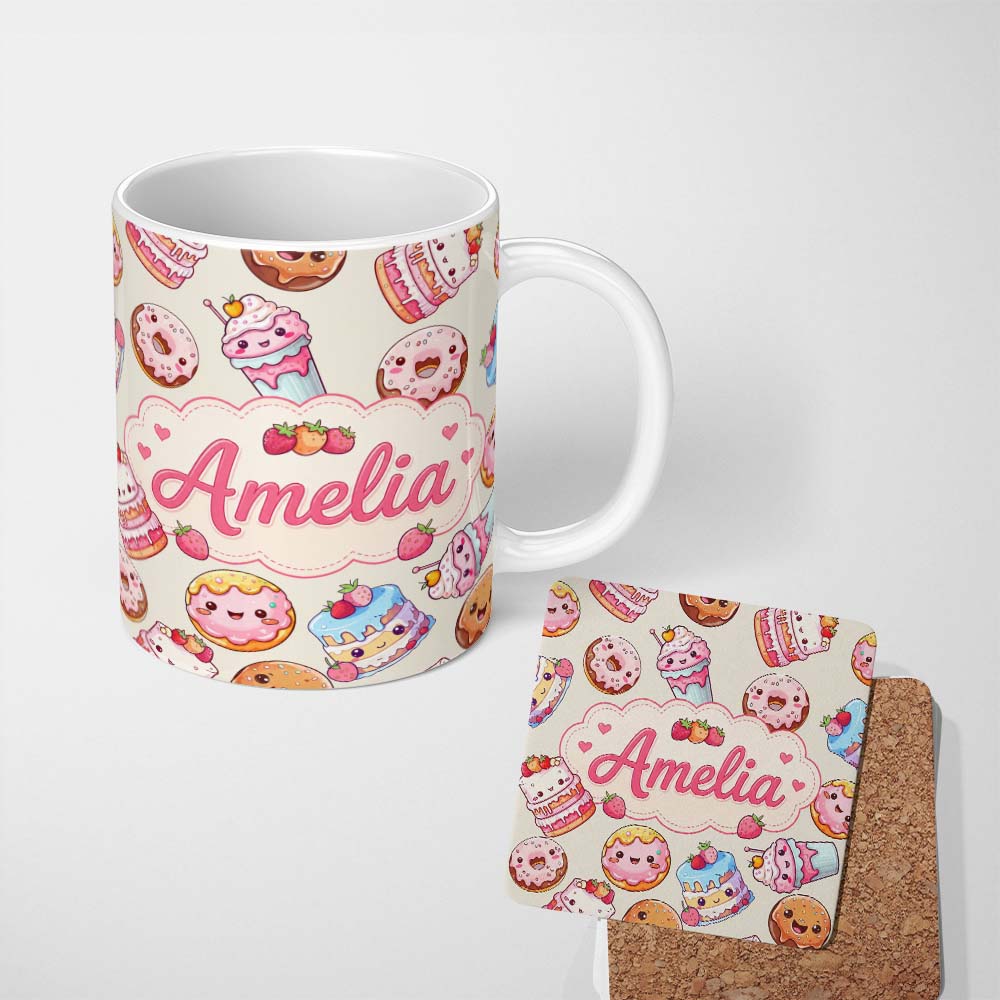 Personalized Custom Name Cute Kawaii Donut Cake Cupcake Sweet Dessert Seamless Pattern Beige 11oz Ceramic Coffee Tea Mug White Large Handle