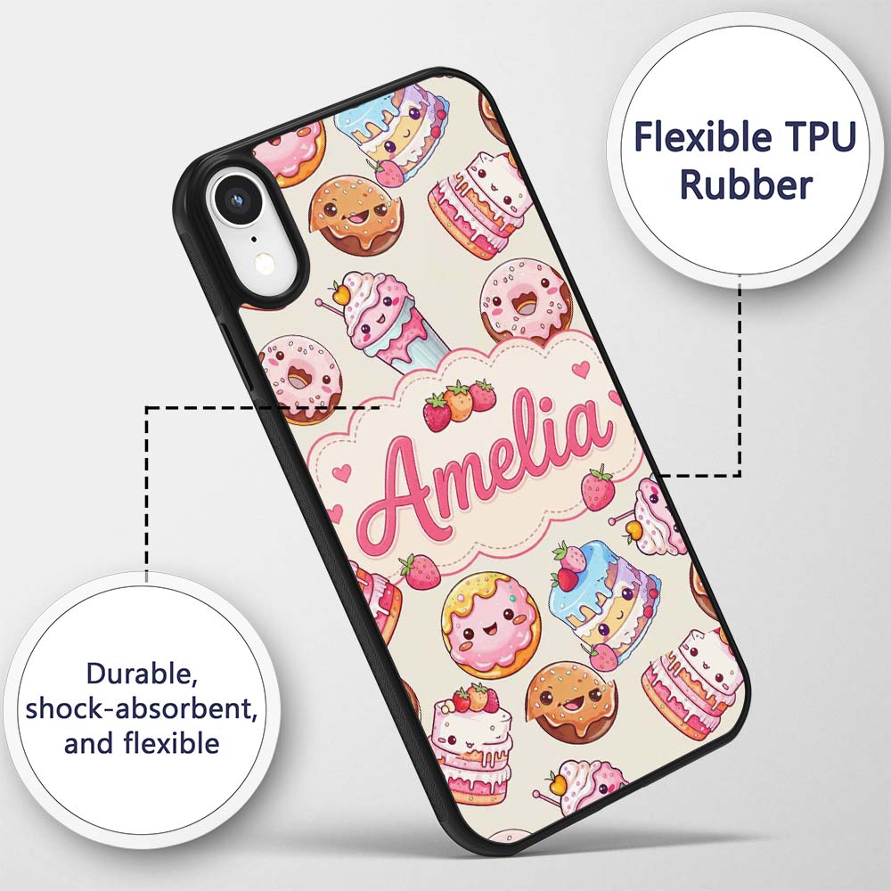 Cute Kawaii Donut Cake Cupcake Sweet Dessert Custom Name Protective Phone Case Mobile Cover Durable Everyday Smartphone Shock Resistant