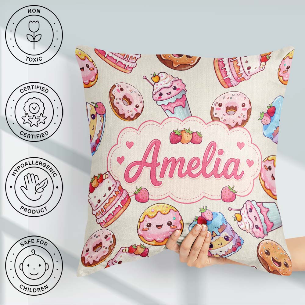 Custom Name Cute Kawaii Donut Cake Cupcake Sweet Dessert Pattern Square Filled Cushion Throw Pillow Sofa Bed Home Decor Zip Washable UK Made