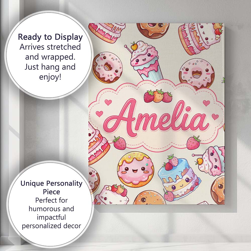 Personalised Name Cute Kawaii Donut Cake Custom  Unique Gift Idea Elegant Feature Canvas Wall Art Print Decor Picture Ready to Hang