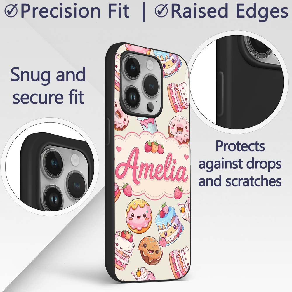 Cute Kawaii Donut Cake Cupcake Sweet Dessert Custom Name Protective Phone Case Mobile Cover Durable Everyday Smartphone Shock Resistant