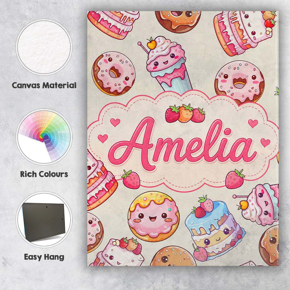 Personalised Name Cute Kawaii Donut Cake Custom  Unique Gift Idea Elegant Feature Canvas Wall Art Print Decor Picture Ready to Hang