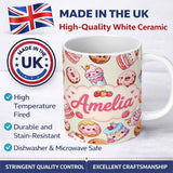 Personalized Custom Name Cute Kawaii Donut Cake Cupcake Sweet Dessert Seamless Pattern Beige 11oz Ceramic Coffee Tea Mug White Large Handle