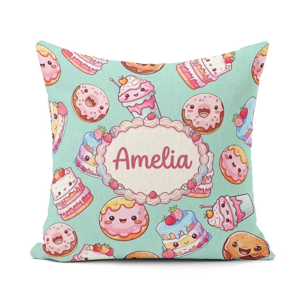 Custom Name Kawaii Donut Cake Cupcake Sweet Dessert Pattern Teal Square Filled Cushion Throw Pillow Sofa Bed Home Decor Zip Washable UK Made